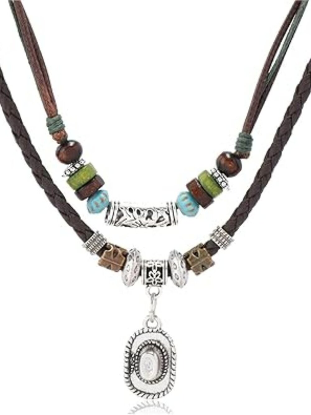 Boho Turquoise Necklace Layered Beaded Pendant Western Trendy Rustic Couture